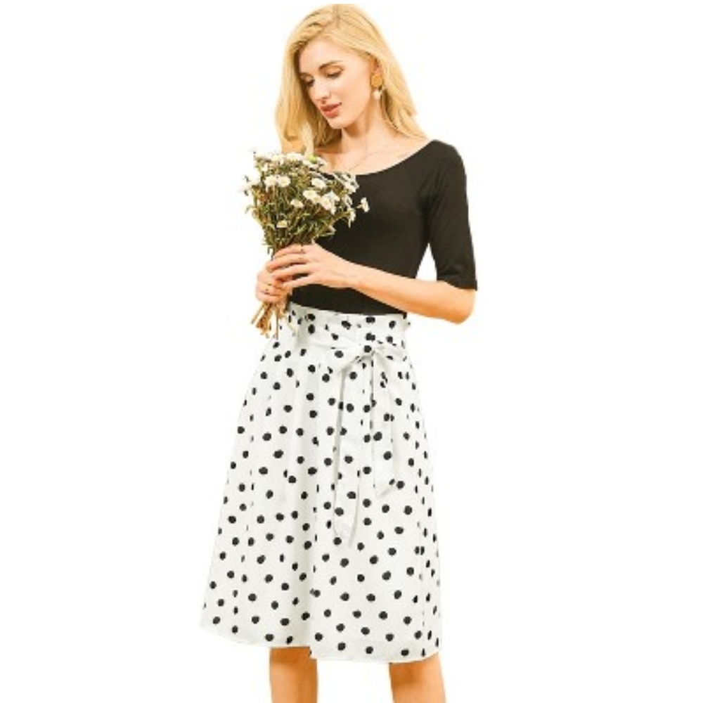 Allegra K Black and White Polka Dot A-Line Skirt